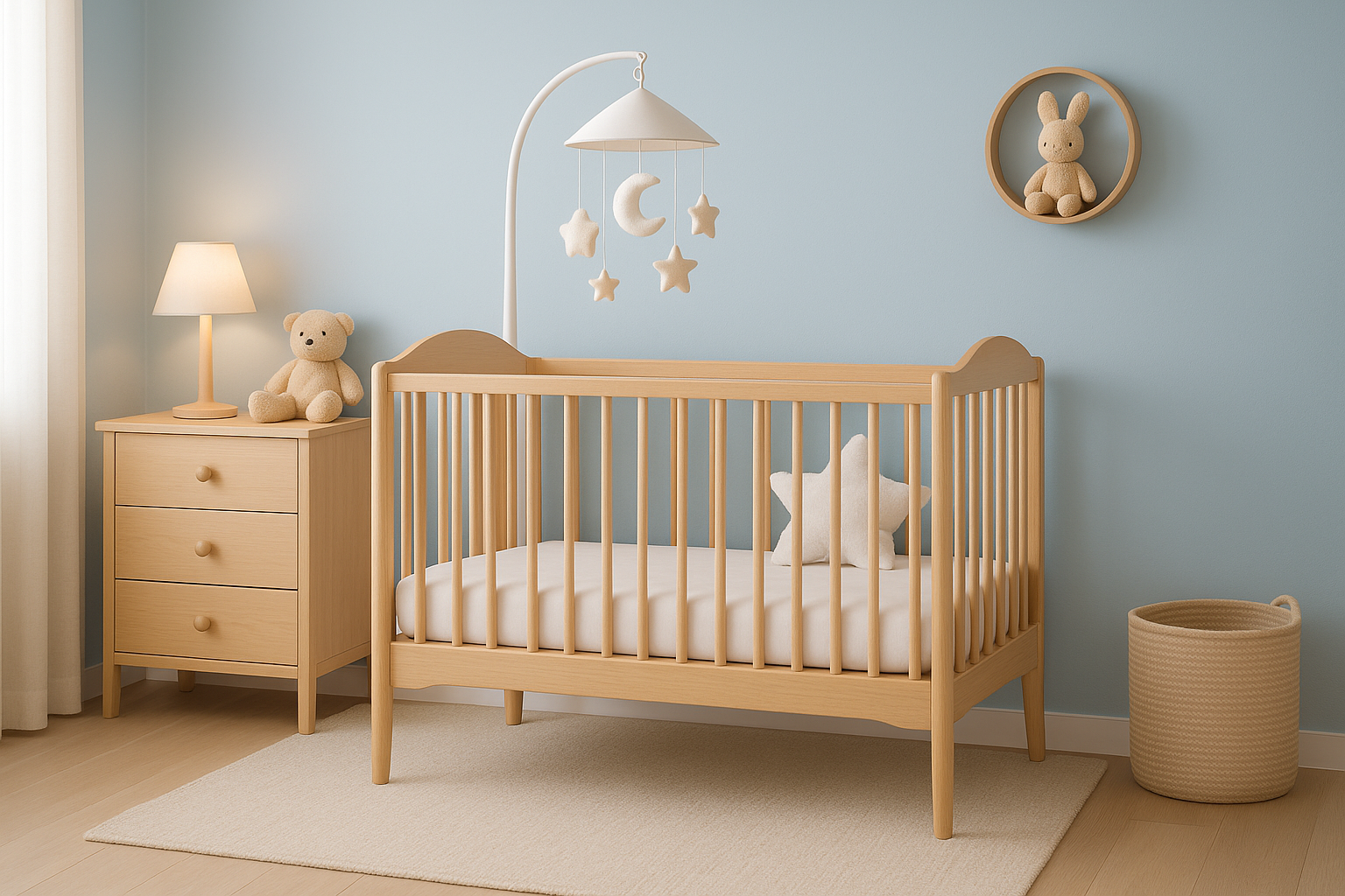 erstelle ein typisches bild wenns um babys geht der hintergrund muss ins hellblaue gehen #8fc3f5 das ist meine brandfarbe und ich werde babyprodukte verkaufen so ein babybett aktuell auch andere dinge aber nicht ds du denkst direkt baby spielsachen etwas morlaisch vertretbares 